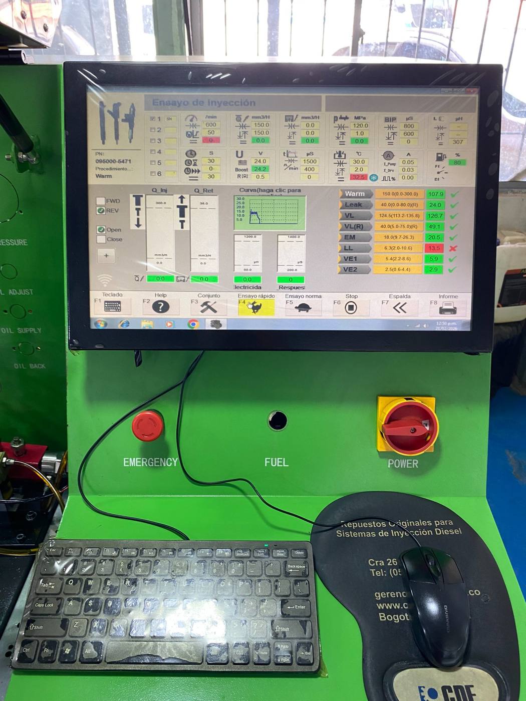 Pantalla de ensayo de inyección con resultados en tiempo real